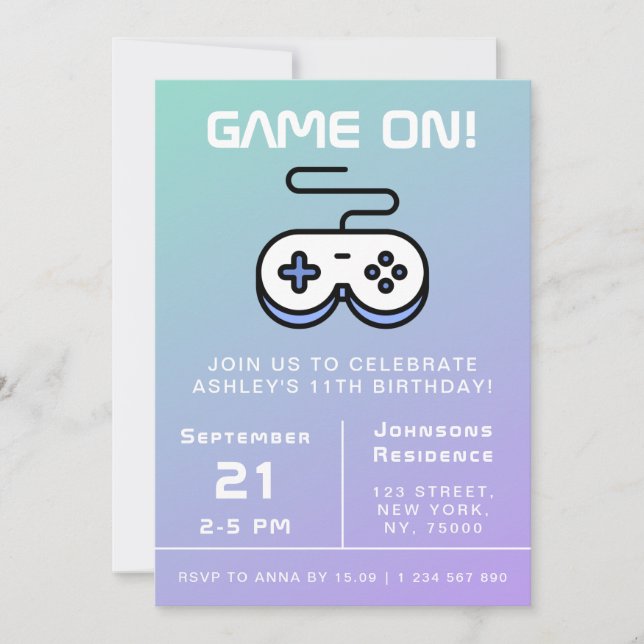 Invitation Jeu Bleu Violet Sur Gamer Anniversaire de enfant F (Devant)