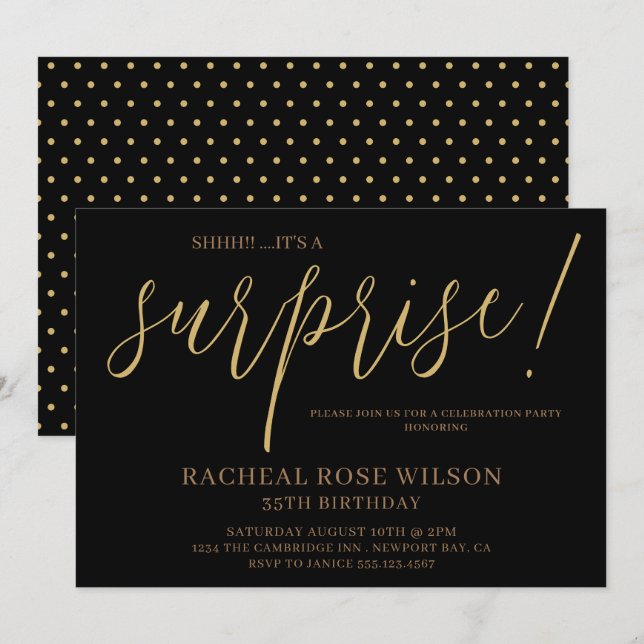 Invitation Jeu d'Anniversaire Noir moderne Script Surprise (Devant / Derrière)
