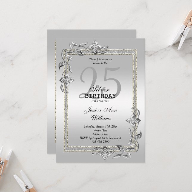Invitation Jeu d'argent et Parties scintillant fête du 25e an (Devant/Arrière en situation)