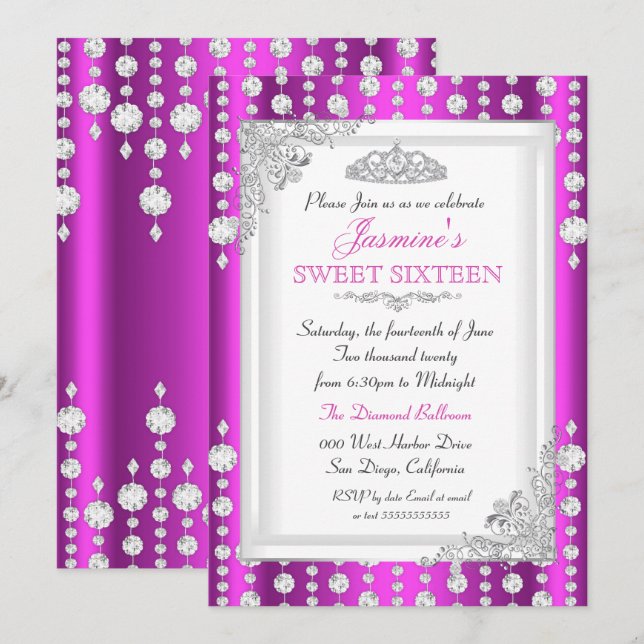 Invitation Jeu d'argent rose pourpre Tiara Sweet 16 Anniversa (Devant / Derrière)