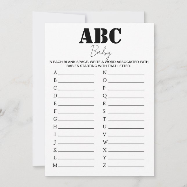 Invitation Jeu de Baby shower ABC Alphabet - B/W (Devant)