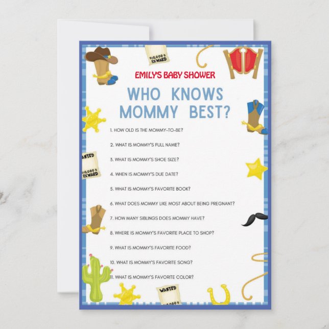 Invitation Jeu de Baby shower Cowboy - Nom modifiable, taille (Devant)