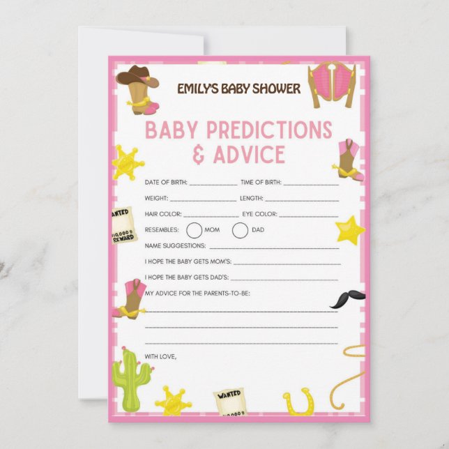 Invitation Jeu de Baby shower Cowgirl - Nom modifiable, taill (Devant)