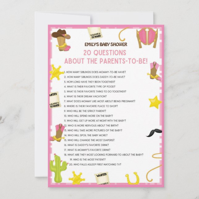 Invitation Jeu de Baby shower Cowgirl - Nom modifiable, taill (Devant)
