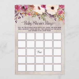 Invitation Jeu de Baby shower de Bingo Flore de Boho rustique