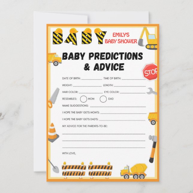 Invitation Jeu de Baby shower de construction - Nom modifiabl (Devant)
