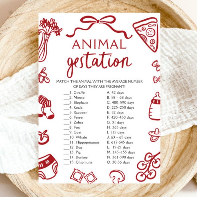 Invitation Jeu de Baby shower de manifestation animal à main  (Red Hand Drawn Animal Gestation Baby Shower Game)