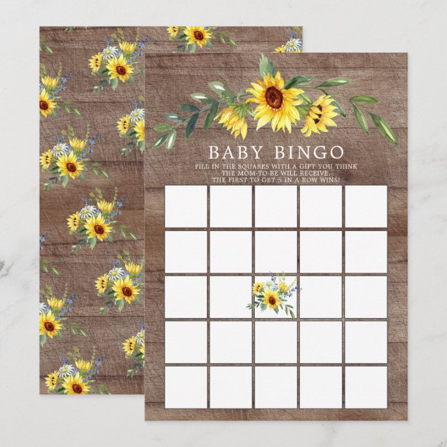 Invitation Jeu de Baby shower Russe Yellow Sunflower BINGO (Devant / Derrière)