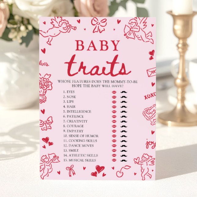 Invitation Jeu de baby shower Traits de bébé Saint-Valentin r (Pink Valentine Baby Traits Baby Shower Game)