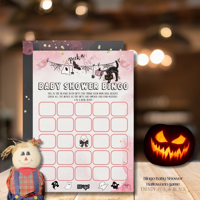 Invitation Jeu de Bingo éffrayant Rose et Baby shower noir (Spooky-Cute Pink & Black Baby Shower Bingo Game Invitation)