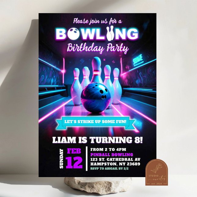 Invitation Jeu De Bowling Cosmique De Neon Purple À L'Anniver (Créateur téléchargé)