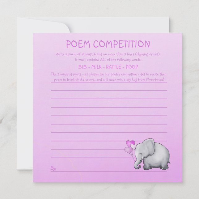 Invitation Jeu de concours de poèmes Baby showers Pink Elepha (Devant)
