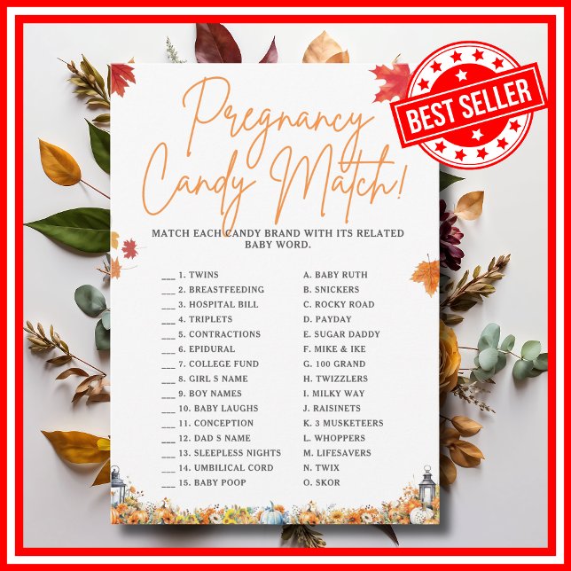 INVITATION JEU DE CORRESPONDANCE DE CONFISERIE POUR FUTURE MA (PREGNANCY CANDY MATCH Easy Baby Shower Game A Little Pumpkin is on the Way Fall Autumn Theme)