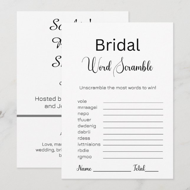 Invitation Jeu de course de mots nuptiale noir et blanc (Devant / Derrière)