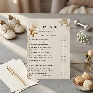 Invitation Jeu de devinette pour Baby Shower Teddy Bear, neut