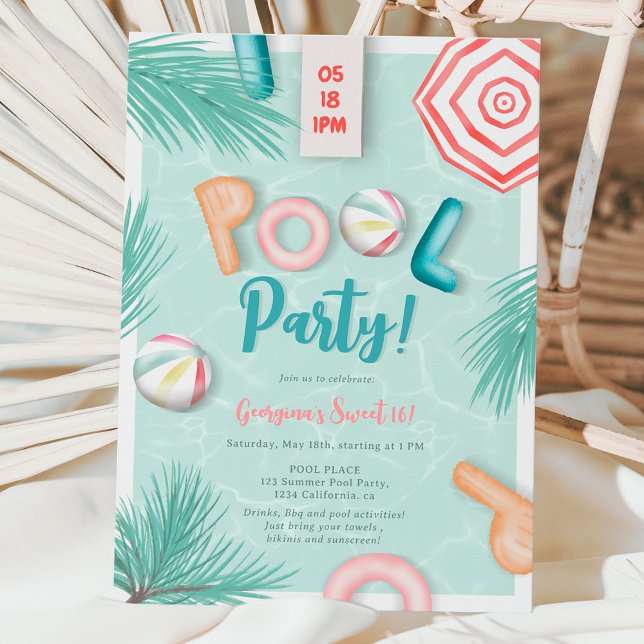 Invitation Jeu de fête de la piscine d'été amusant aquarelle  (Fun summer pool party script watercolor Sweet 16 Invitation)