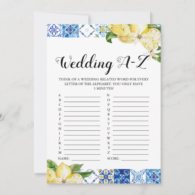 Invitation Jeu de Fête des mariées A-Z Mariage en carreaux bl (Devant)