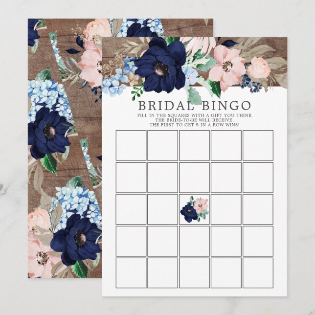 Invitation Jeu de Fête des mariées BINGO Floral Navy & Blush (Devant / Derrière)