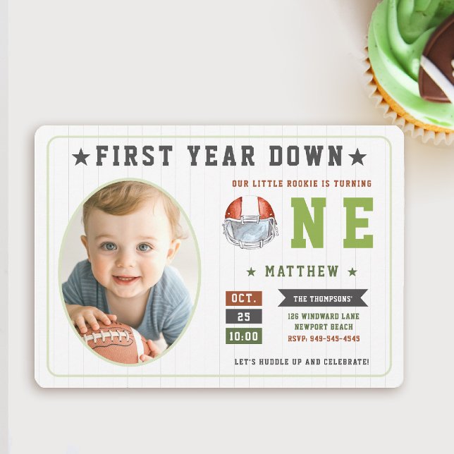 Invitation Jeu de football première année bas garçon 1er anni (first year down football birthday invitation photo sports boy green boy 1st party invite cute)