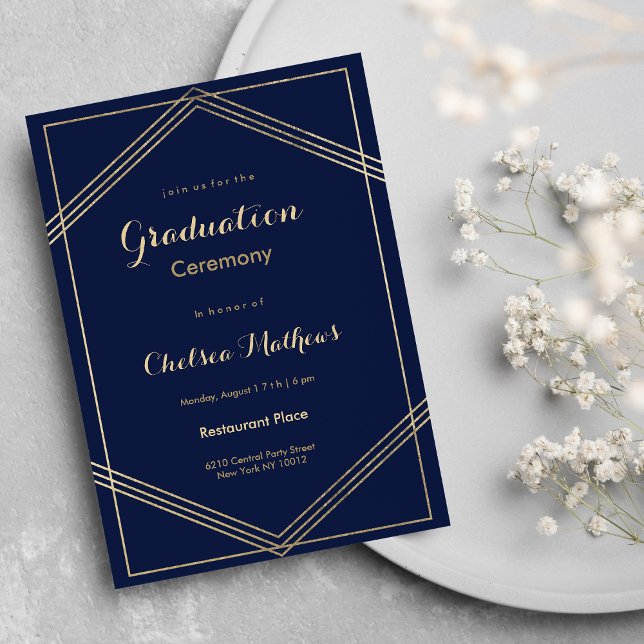 Invitation Jeu de graduation en or bleu marine géométrique mo (Modern geometrical navy blue gold Graduation Party )