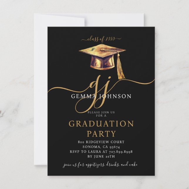 Invitation Jeu de graduation minimal de script moderne Gold N (Devant)