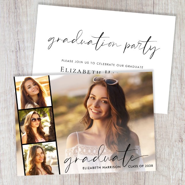 Invitation Jeu de graduation moderne Script Photo Overlay (Modern Script Photo Overlay Graduation Party Invitation)