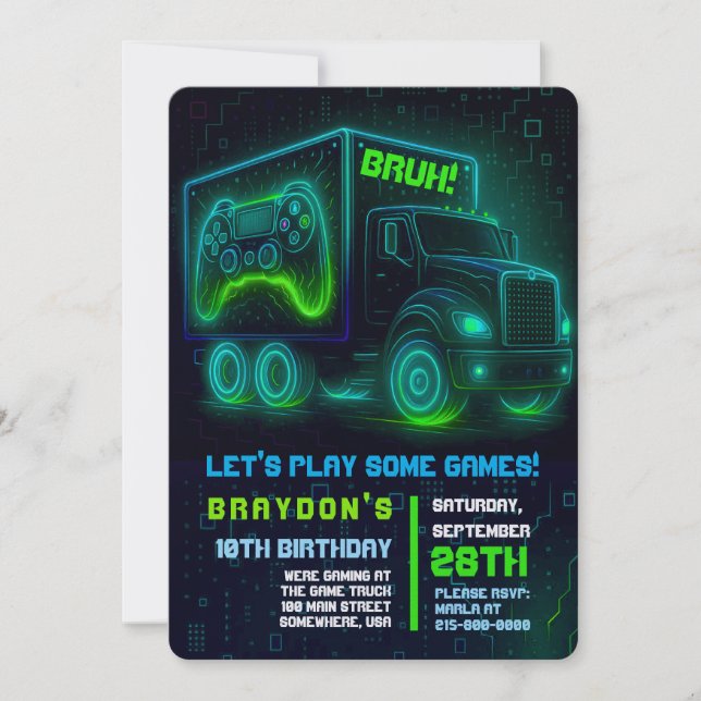 Invitation JEU DE JEUX VIDÉO CAMION JEU Anniversaire Fête Inv (Devant)