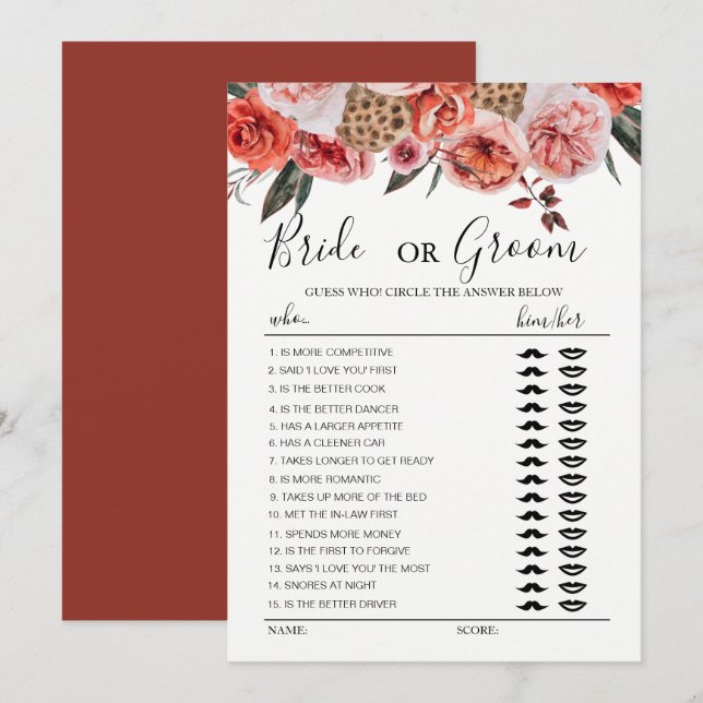 Invitation Jeu de mariage fleurs en terre cuite boho (Devant / Derrière)