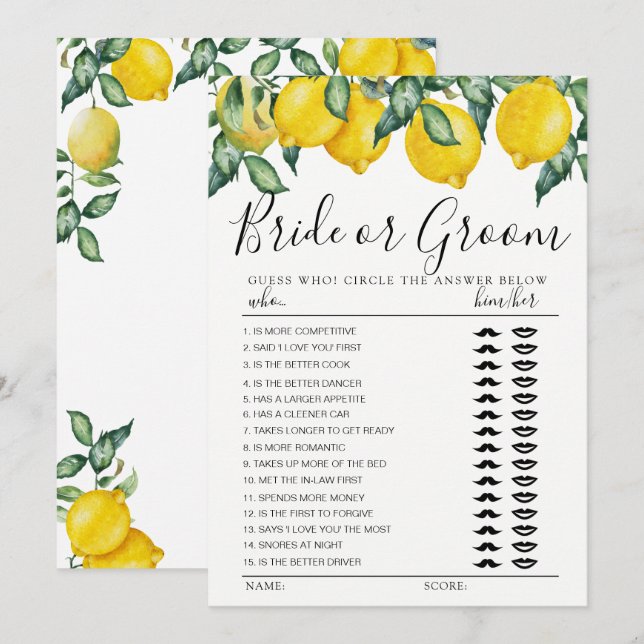 Invitation Jeu de mariée ou de salle de jeu entièrement Lemon (Devant / Derrière)