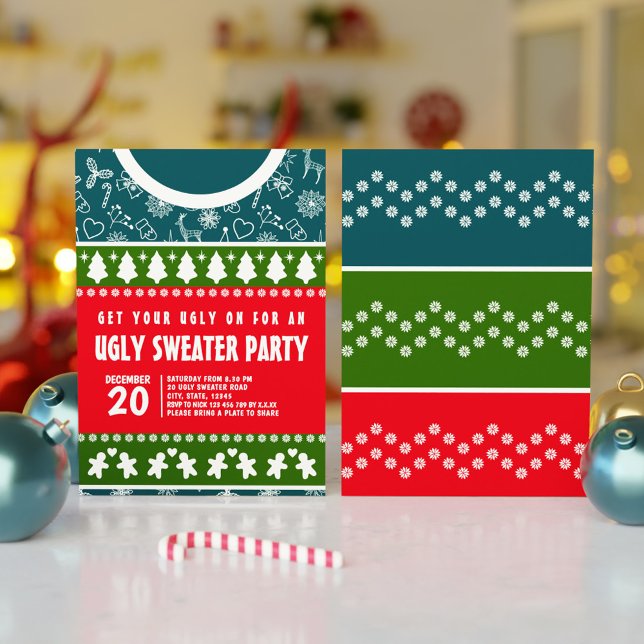 Invitation Jeu de Noël bleu moderne et vert rouge et moche do (Modern Blue Red and Green Ugly Sweater Xmas Party Invitation)