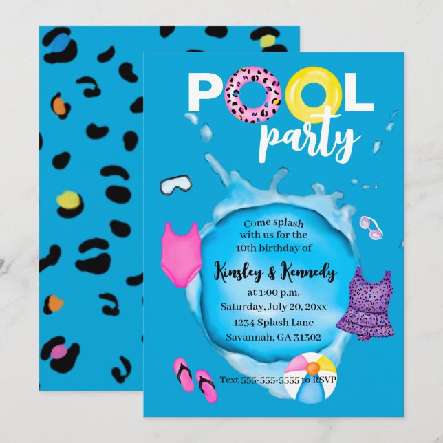 Invitation Jeu de piscine jumeaux Anniversaire Splash Leopard (Devant / Derrière)