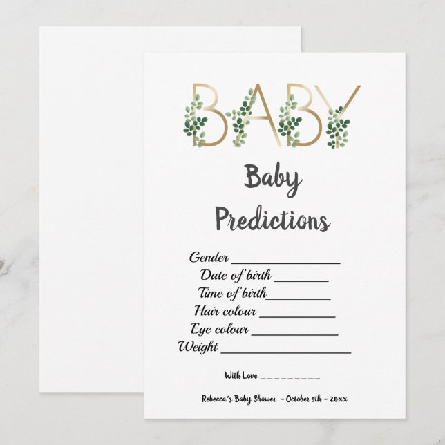 Invitation Jeu de prédictions de Baby shower de Slogan vert m (Devant / Derrière)