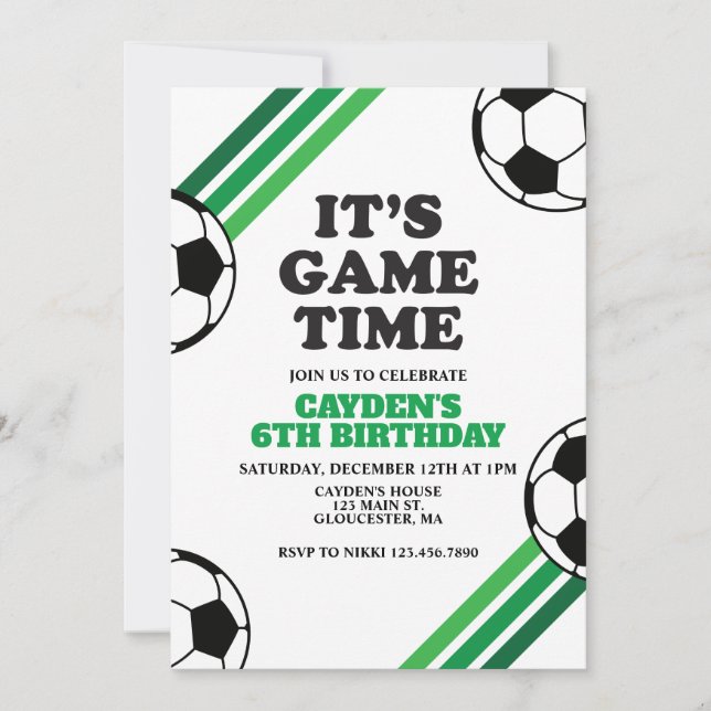 Invitation Jeu de soccer Heure Green Stripes Anniversaire (Devant)
