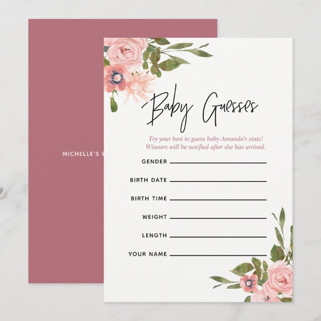 Invitation Jeu Floral Blush et Rose Gold Baby Predictions (Devant / Derrière)