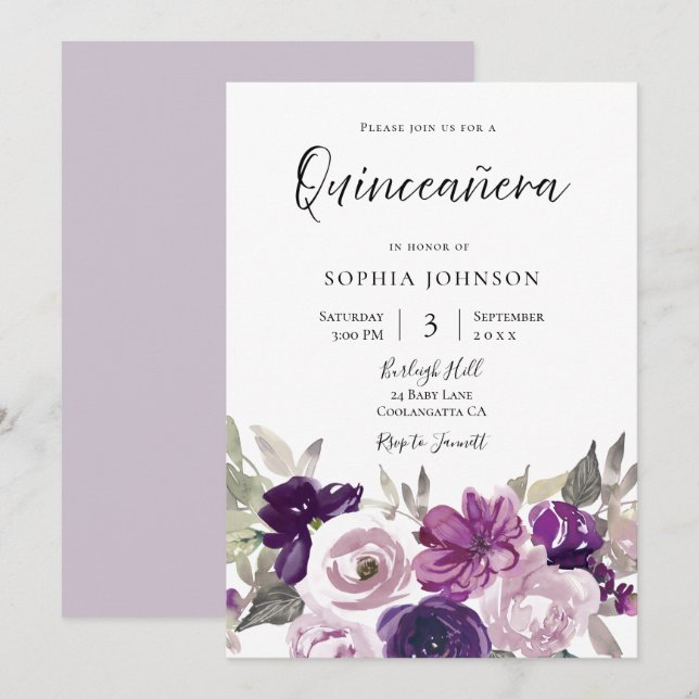 Invitation Jeu Floral de lavande violette en hiver Quinceaner (Devant / Derrière)
