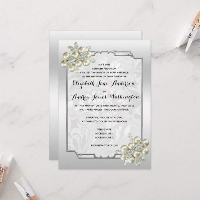 Invitation Jeu floral romantique Argent encadré, Mariage d'ar (Devant/Arrière en situation)