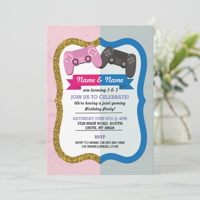 Invitation Jeu Joint garçon fille rose bleu Anniversaire (Debout devant)