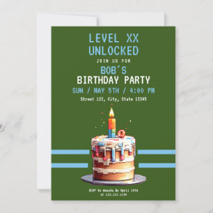 Invitation Jeu Pixel Green & Blue Cake Anniversaire