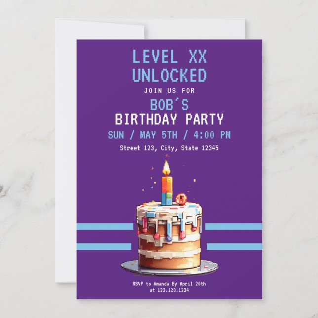 Invitation Jeu Pixel Purple & Blue Cake Anniversaire (Devant)