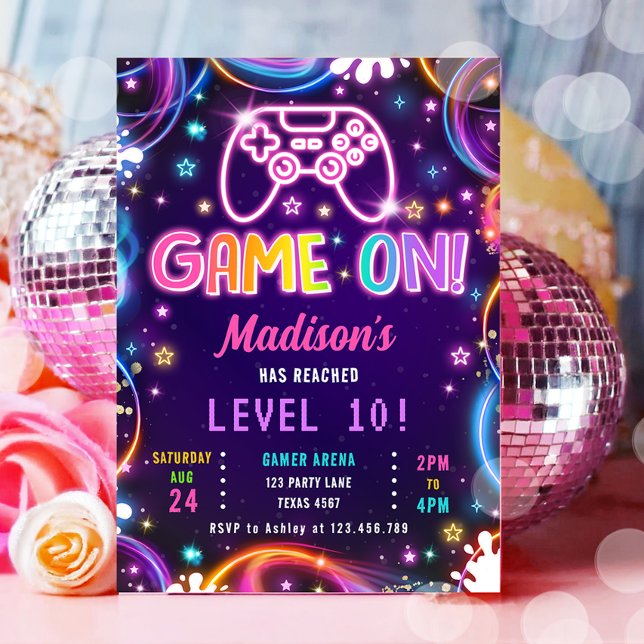 Invitation Jeu Sur Gamer Jeux Vidéo Neon Glow Girl Anniversai (Créateur téléchargé)
