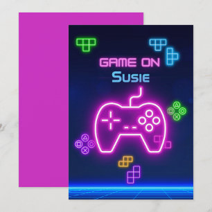 Invitation Jeu sur vidéo néon gamer vert, rose, bleu