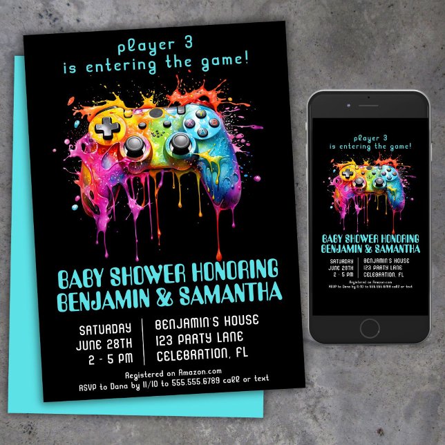 Invitation Jeu vidéo Gamer Baby shower bleu (Créateur téléchargé)