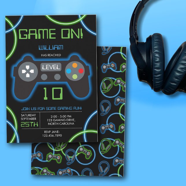 Invitation Jeu vidéo Neon Blue & Green Anniversaire Party (Video Game Neon Blue & Green Birthday Party Invitation)