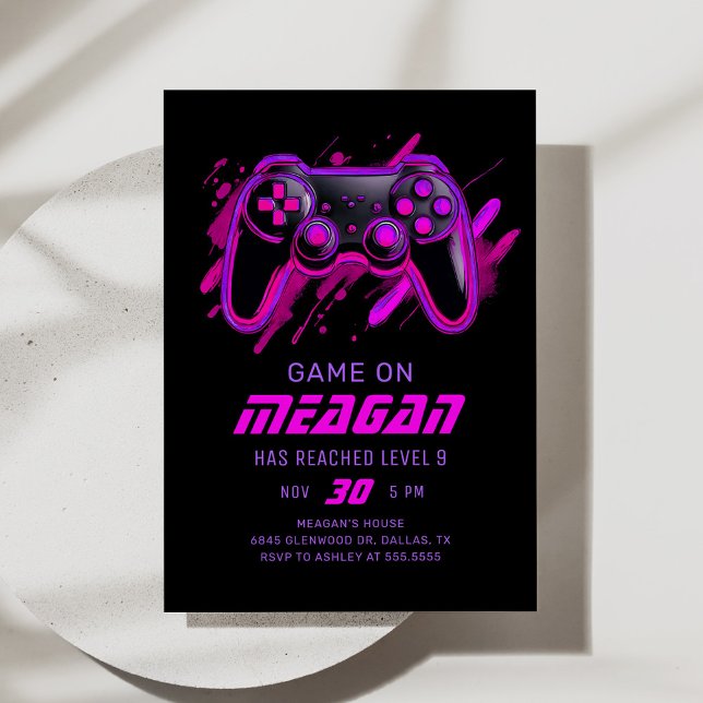 Invitation Jeu vidéo rose Neon Joueur Anniversaire (Créateur téléchargé)