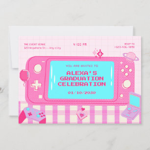 Invitation Jeu vidéo rose retro graduation