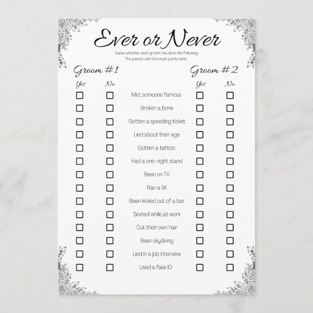Invitation Jeu Wedding shower gay, jamais ou jamais (Devant)