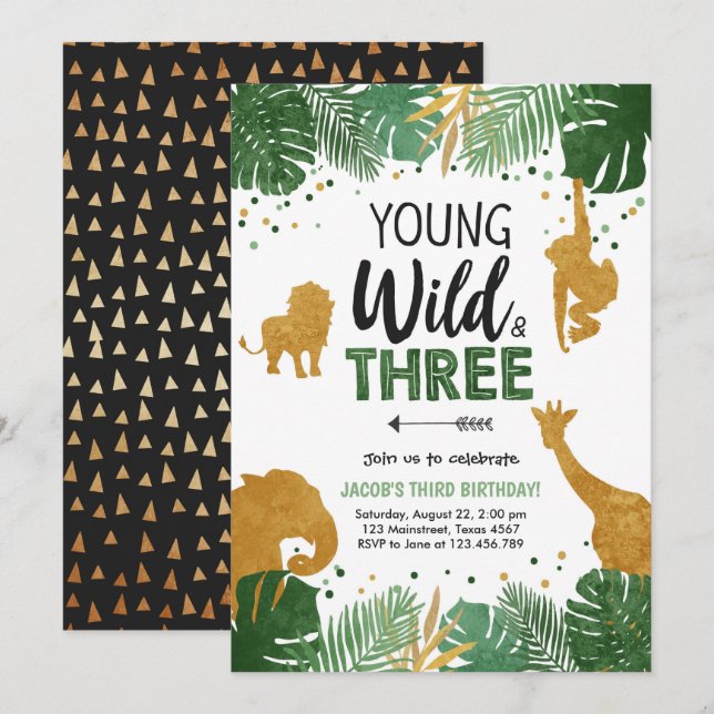 Invitation Jeune anniversaire sauvage et de trois animaux de (Devant / Derrière)
