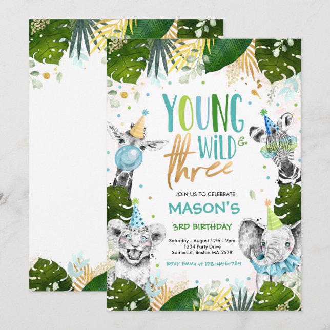 Invitation Jeune Fête Wild Et Trois Ans Safari Animaux (Devant / Derrière)