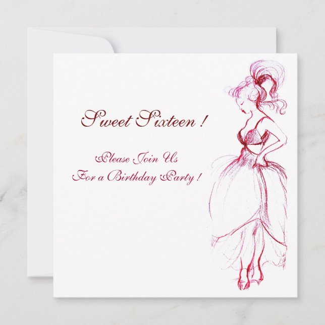 Invitation JEUNE FILLE BLANCHE DOUCE 16 FÊTE, rouge rose blan (Devant)
