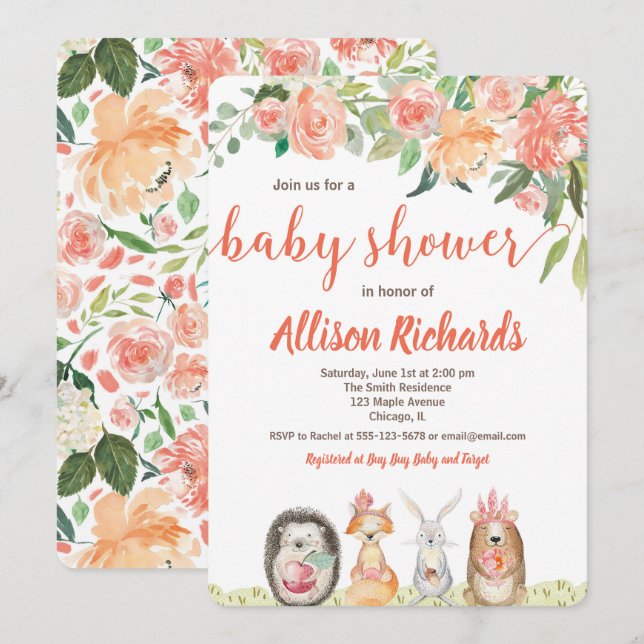 Invitation Jeune fille invitée par le baby shower des animaux (Devant / Derrière)